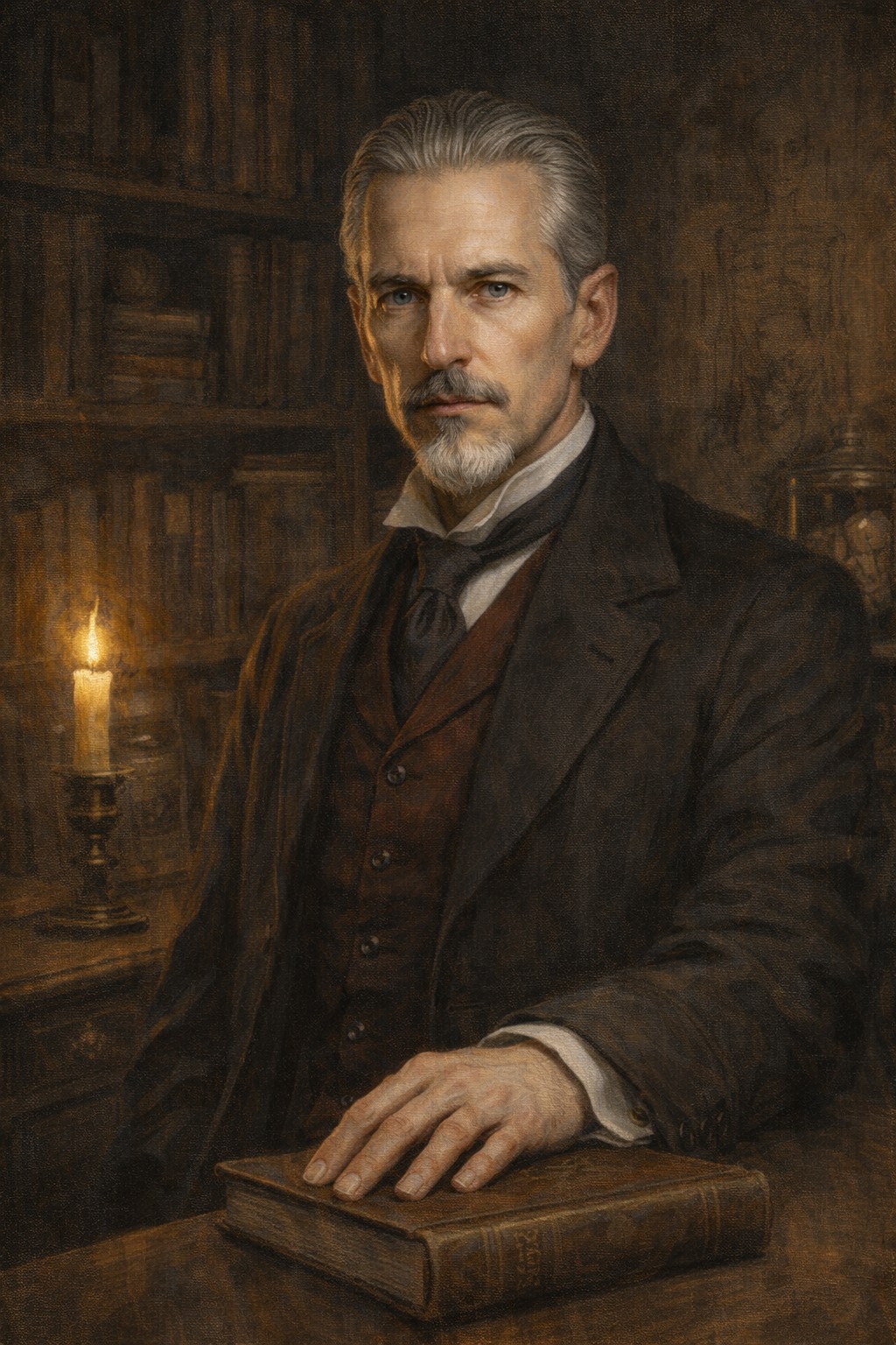 AI-generated editorial portrait of Dr. H. Ashford, a Victorian horror antiquarian in museum-dark crimson light.