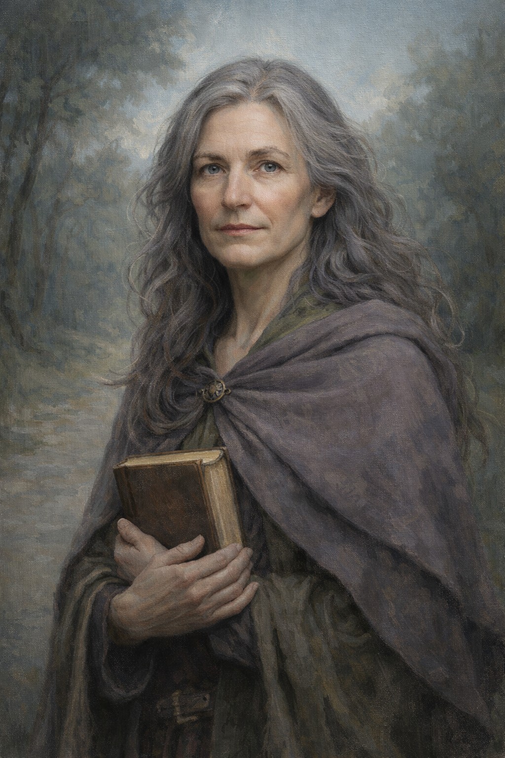 AI-generated editorial portrait of Elara Nightwood, a mythic fantasy chronicler framed by organic textures and twilight violet tones.