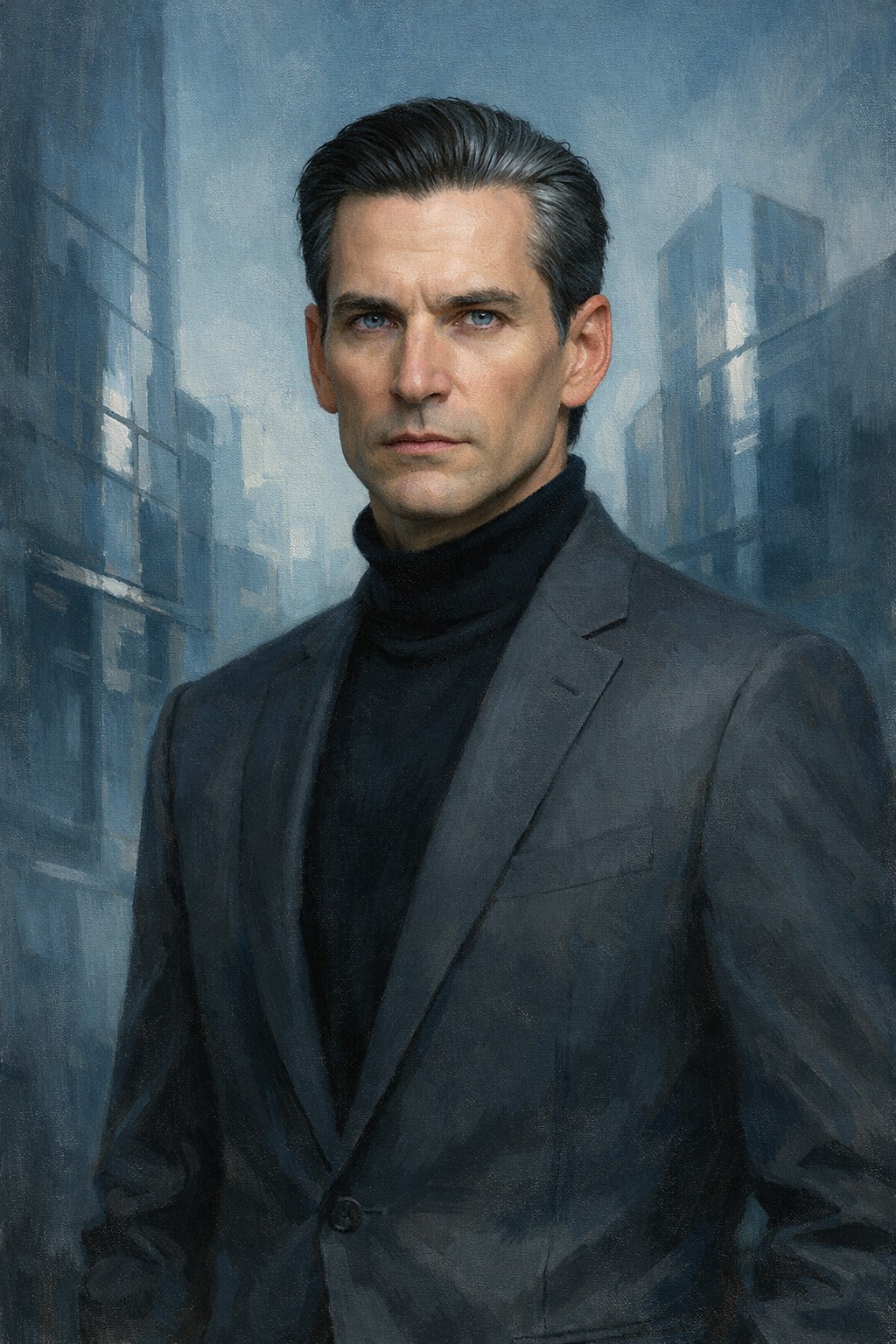 KI-generiertes redaktionelles Porträt von Marcus Veil, einem strengen Zukunftsromancier im kühlen blauen Licht.