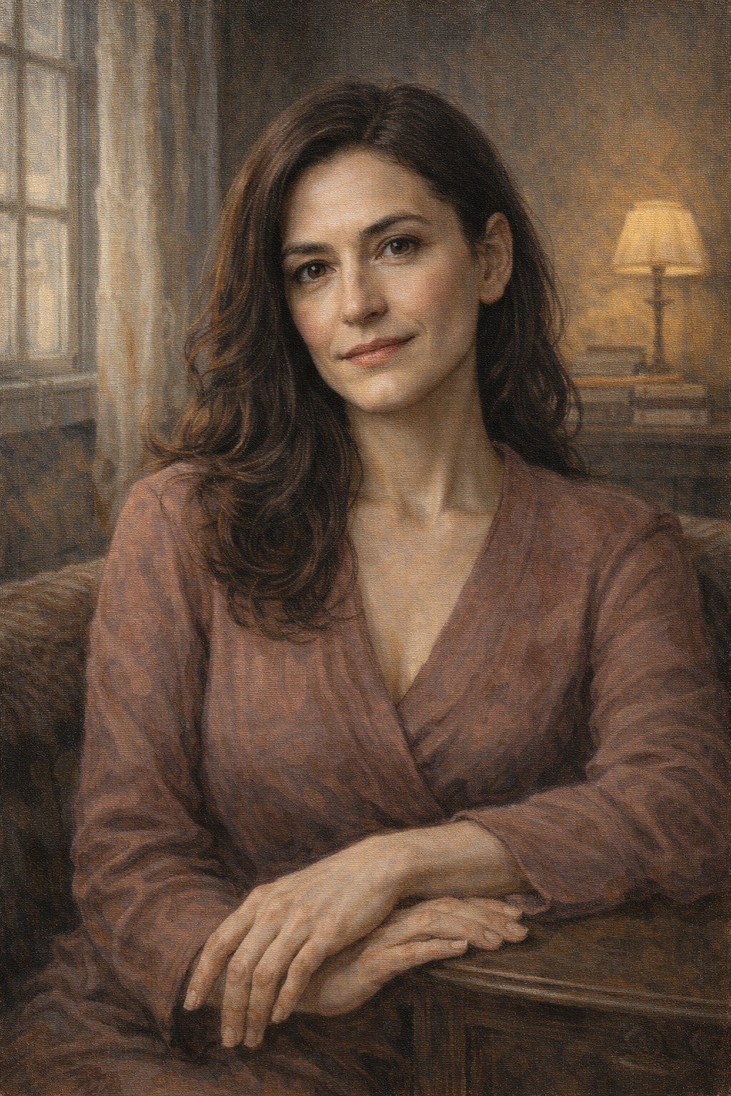 KI-generiertes redaktionelles Porträt von Sofia Verlanti, einer romantischen literarischen Persona im warmen roséfarbenen Fensterlicht.