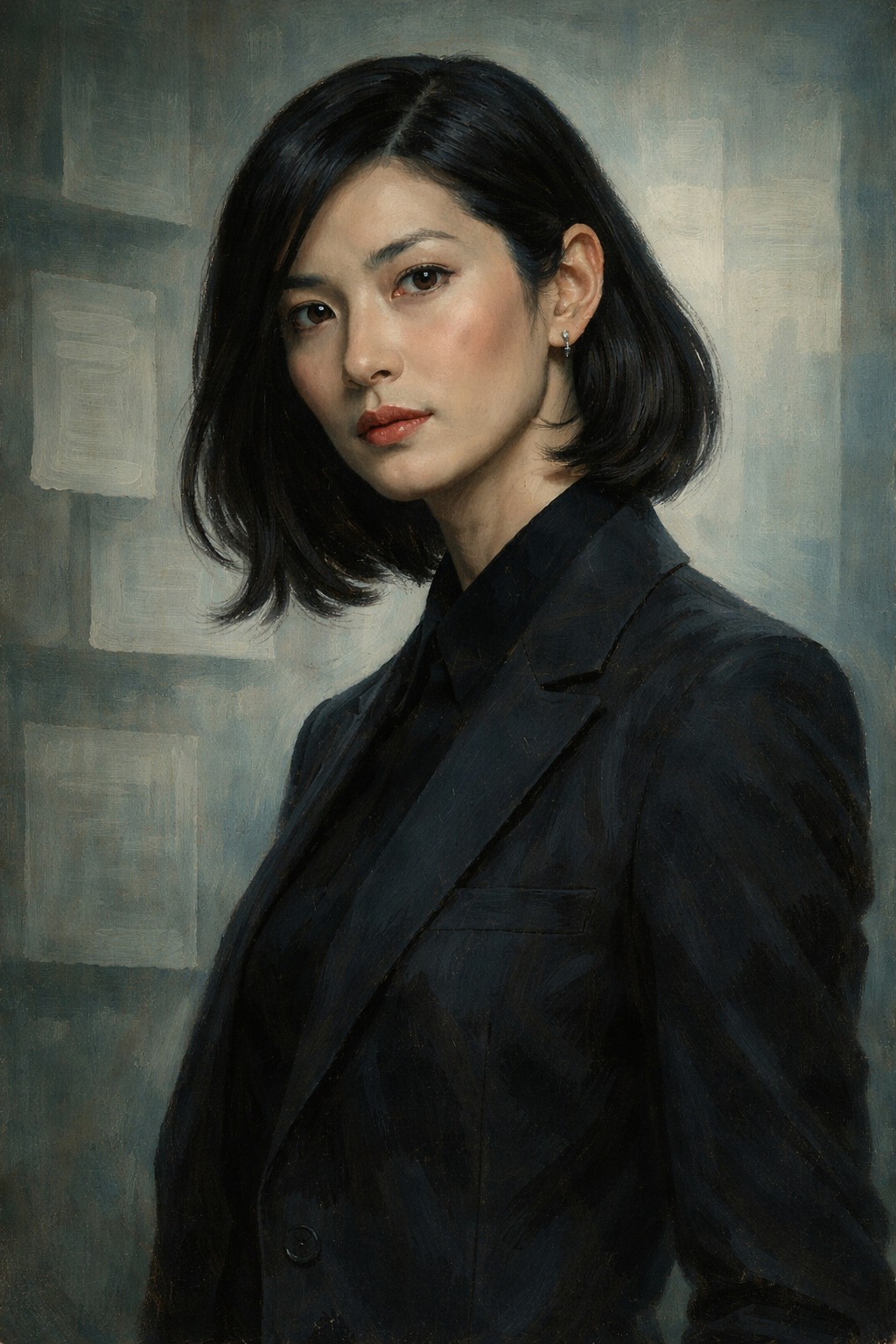 AI-generated editorial portrait of Yuki Kazehara, a precise mystery writer rendered with clean geometry and teal accents.