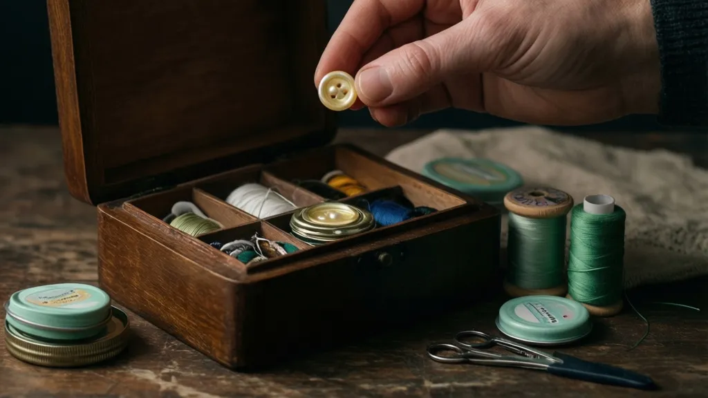 Eine Hand hält einen kleinen vergilbten Knopf über Nähutensilien auf einem Tisch.