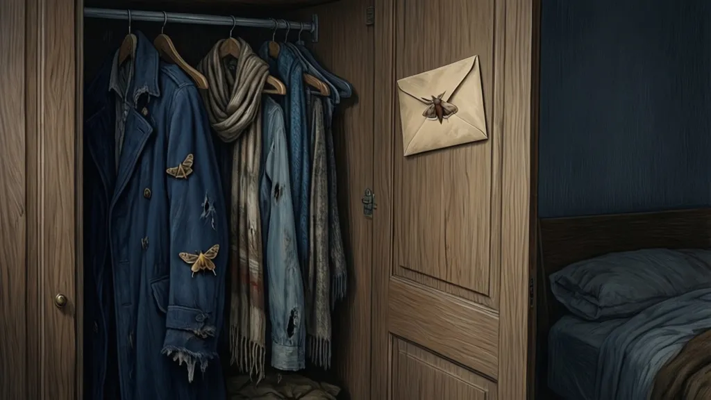 Ein offener Kleiderschrank mit einem Mantel, Schals und einem mit Klebeband an der Tür befestigten Manila-Umschlag.