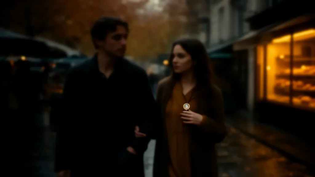 Two people walk through a damp autumn market in a city street.