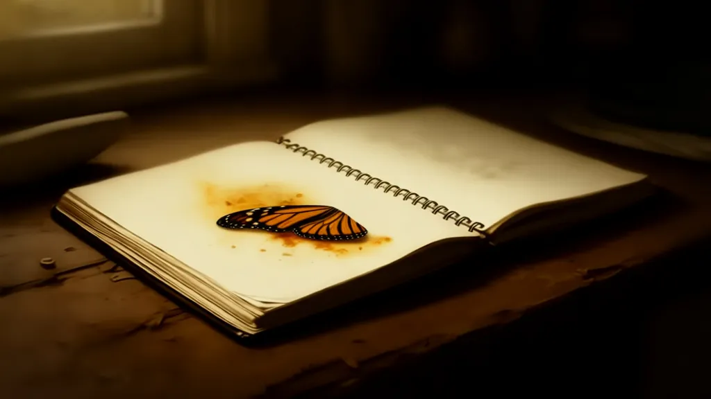 Ein aufgeschlagenes Kochbuch, auf dessen einer Seite ein Schmetterlingsflügel ruht.