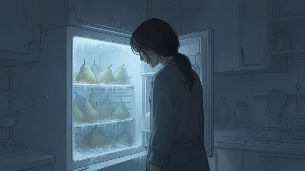 A woman stands in a dim kitchen beside an open freezer glowing with cold light.