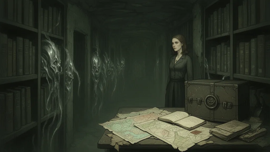 Eine Frau steht in einem dunklen Archiv neben alten Karten und einem versiegelten Kasten.