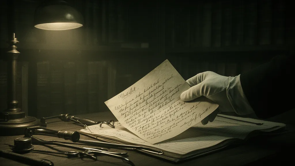 A gloved hand holds a handwritten letter above an old ledger and surgical instruments in a dim archive.