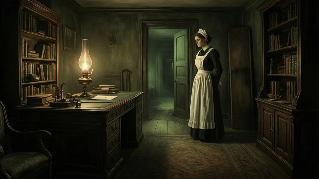 Ein viktorianisches Arbeitszimmer, das von einem seltsamen Gaslicht erhellt wird, mit einem Dienstmädchen, das in der Tür steht.