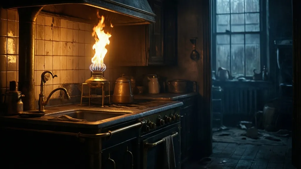 A dim scullery lit by a strange gas flame, with old tiles and shadows.