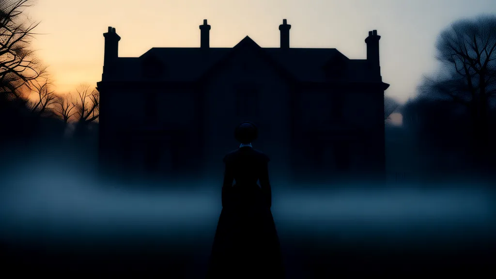 Eine Gouvernante steht im Nebel vor einem dunklen viktorianischen Herrenhaus.