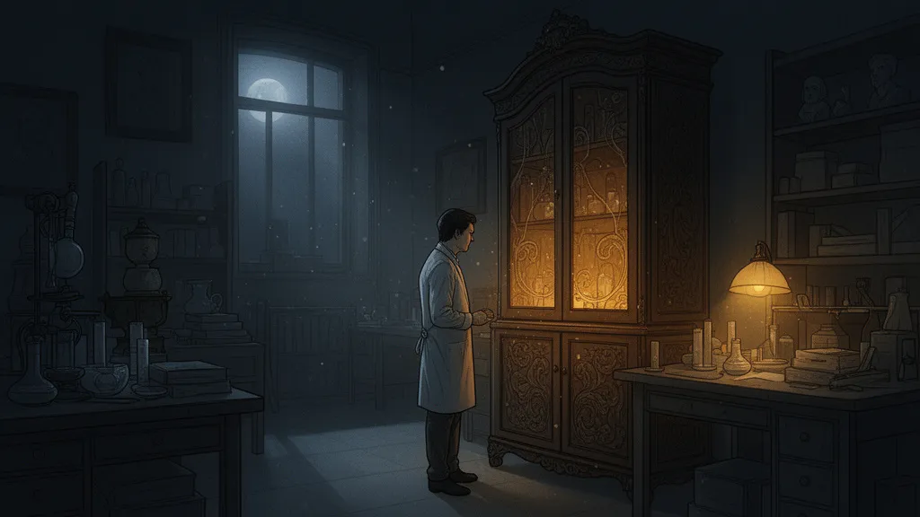 A woman stands beside an antique cabinet in a dimly lit conservation room.