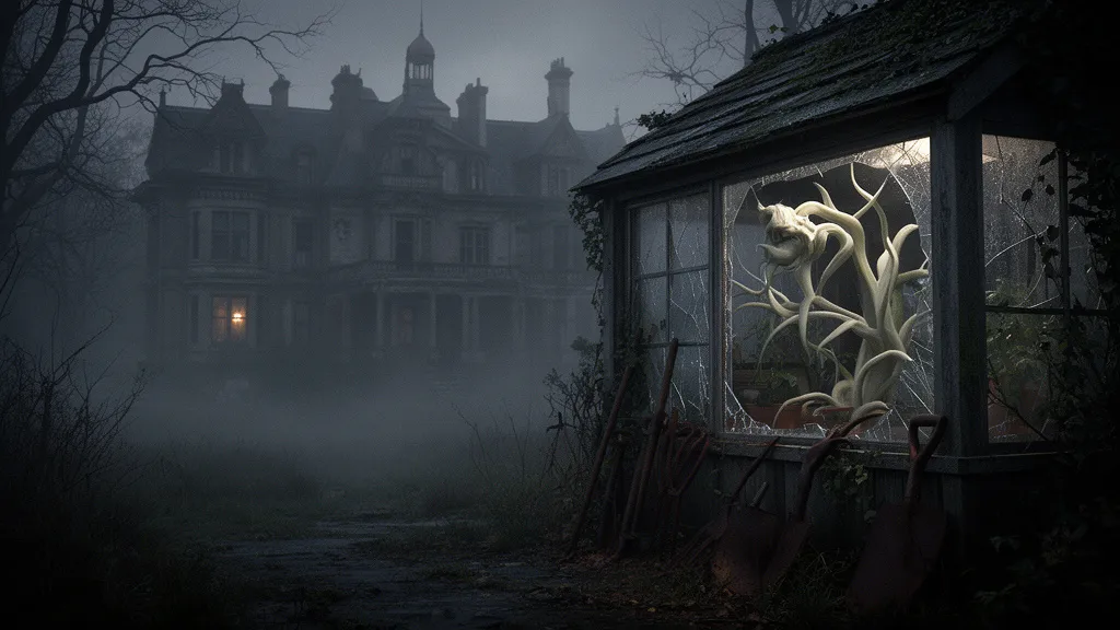 Ein verfallenes Herrenhaus mit einem überwucherten Gewächshaus und blassem Pflanzenwuchs im Vordergrund.