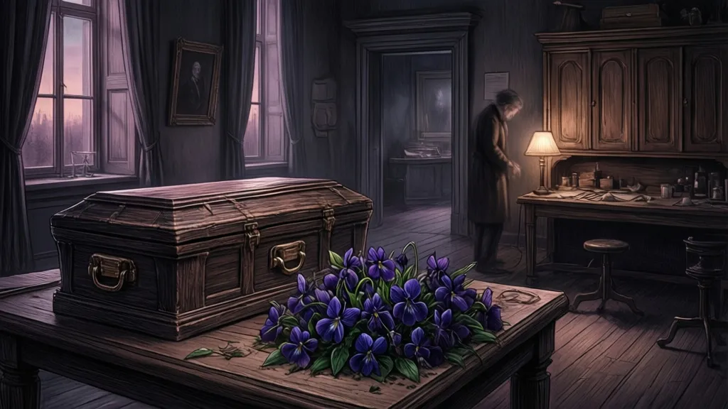 Ein Museumskonservator steht neben einer antiken, sargförmigen Kiste und dunklen Veilchen in einem düsteren Atelier.