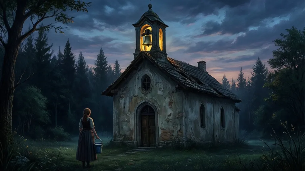 Eine Frau steht in der Nähe einer Dorfkapelle, während in der Dämmerung eine alte Glocke im Turm hängt.