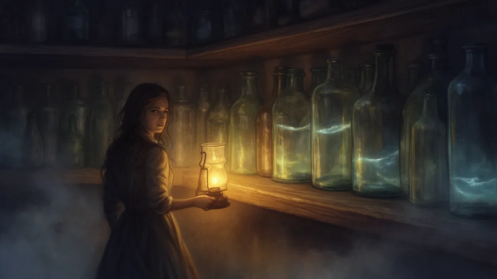 A woman stands in a pantry beside glowing glass bottles on a wooden shelf.