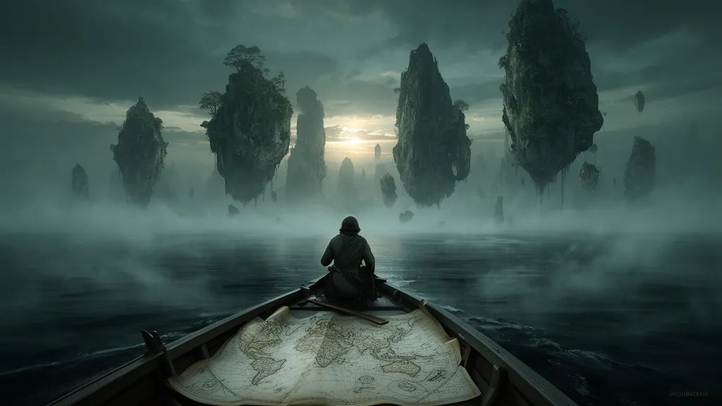 A cartographer in a boat approaches drifting islands in misty water.