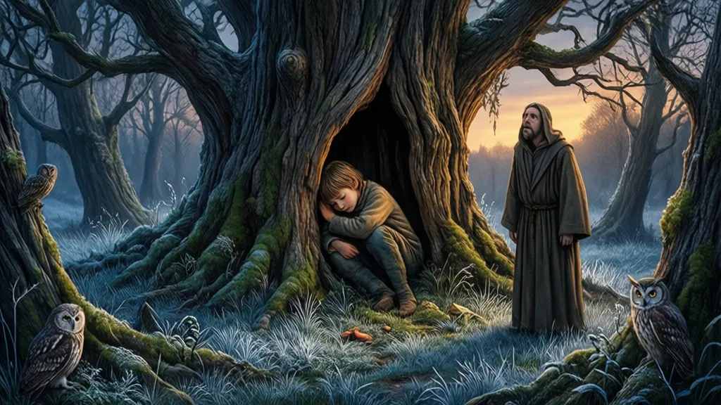 Ein Kind schläft in der hohlen Wurzel eines uralten Eibenbaums in der Dämmerung.