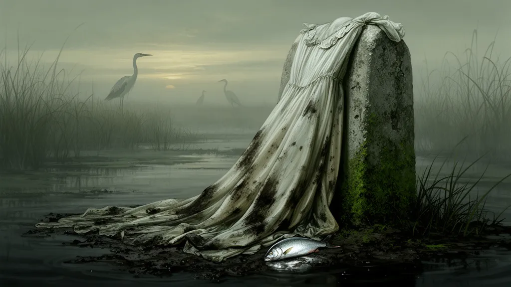 Ein Seidenkleid, das bei Morgengrauen über einem Steinmarker in einem Sumpf drapiert ist.