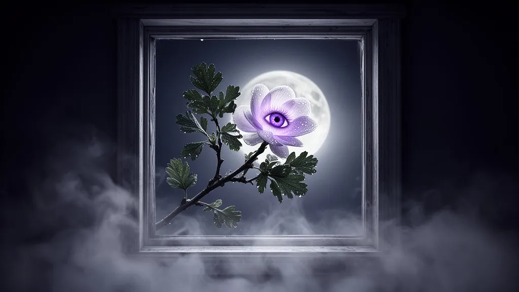 Eine leuchtende Blume mit violettem Auge blüht nachts neben dem Fenster eines Häuschens.