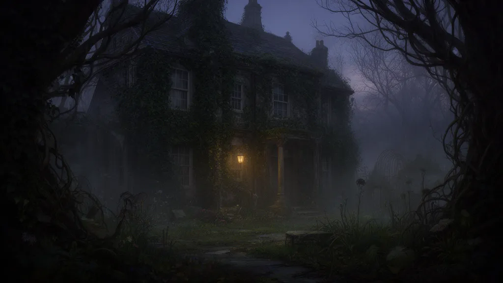 Ein mit Efeu bewachsenes Haus neben einem verwilderten Garten in der Dämmerung.