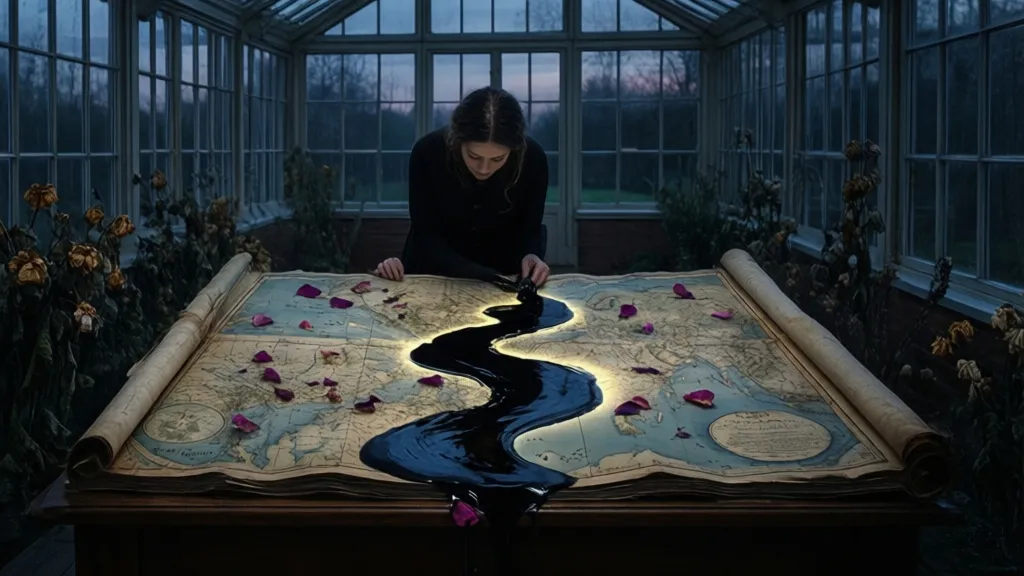 A cartographer studying a map as ink pools into a glowing river line in a glass conservatory.