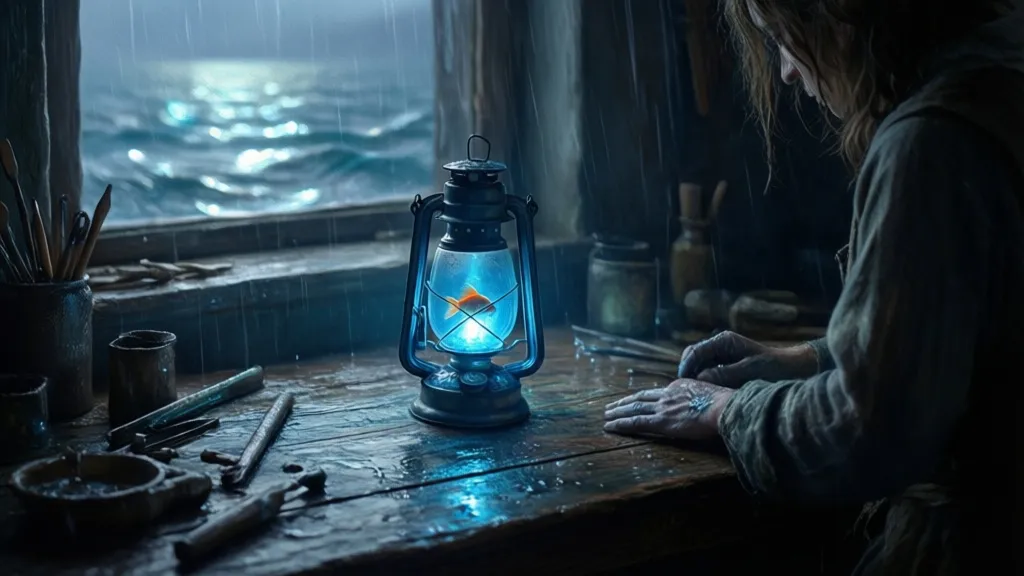Eine leuchtend blaue Laterne mit einem Glasfisch neben einer Werkbank in der Nähe eines dunklen Fensters und fernem Hochwasser.