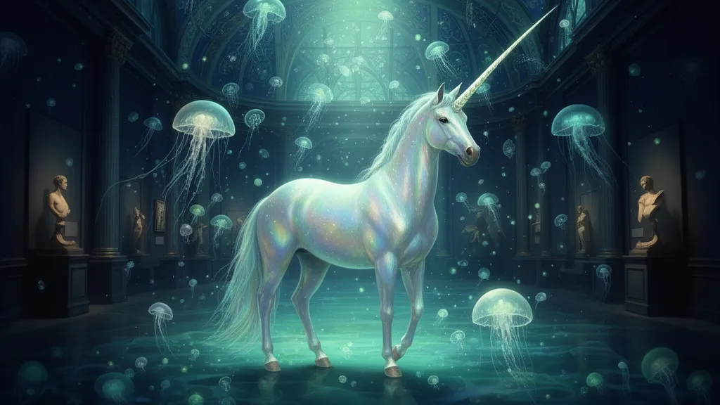 A glowing unicorn standing in a hall with bioluminescent jellyfish and plankton.