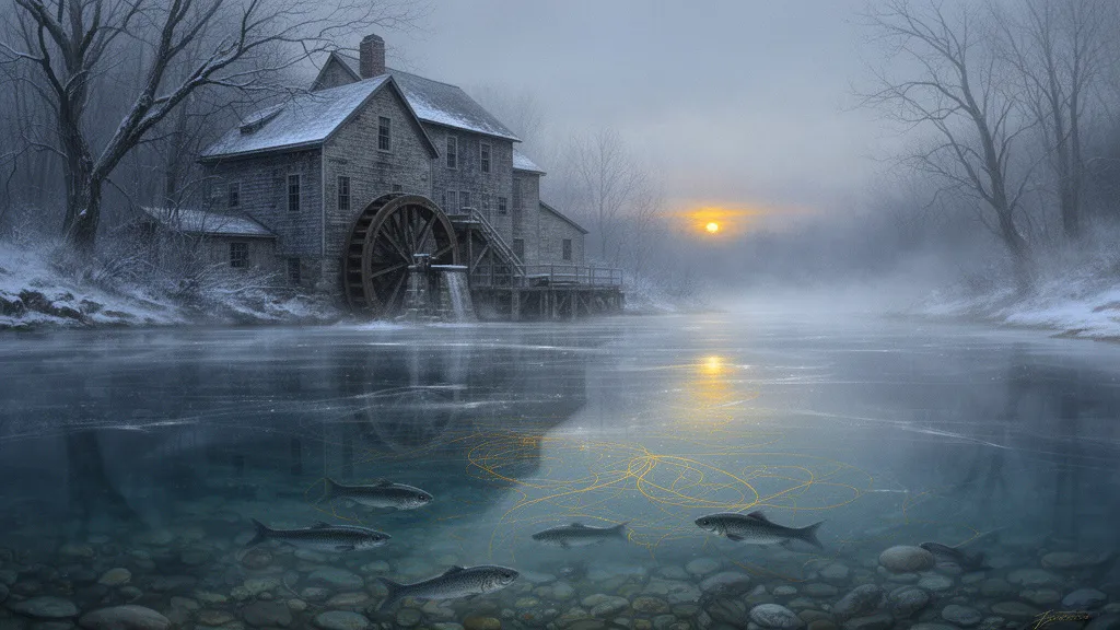 A quiet mill beside a clear, motionless river at dawn.