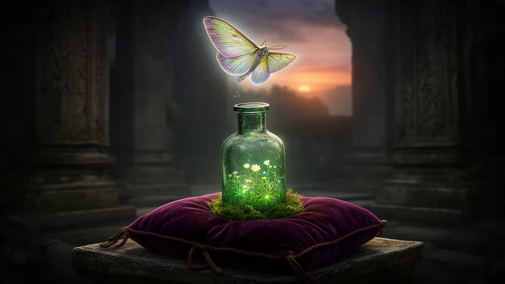 A glowing moth hovers above a green glass bottle on a temple altar.