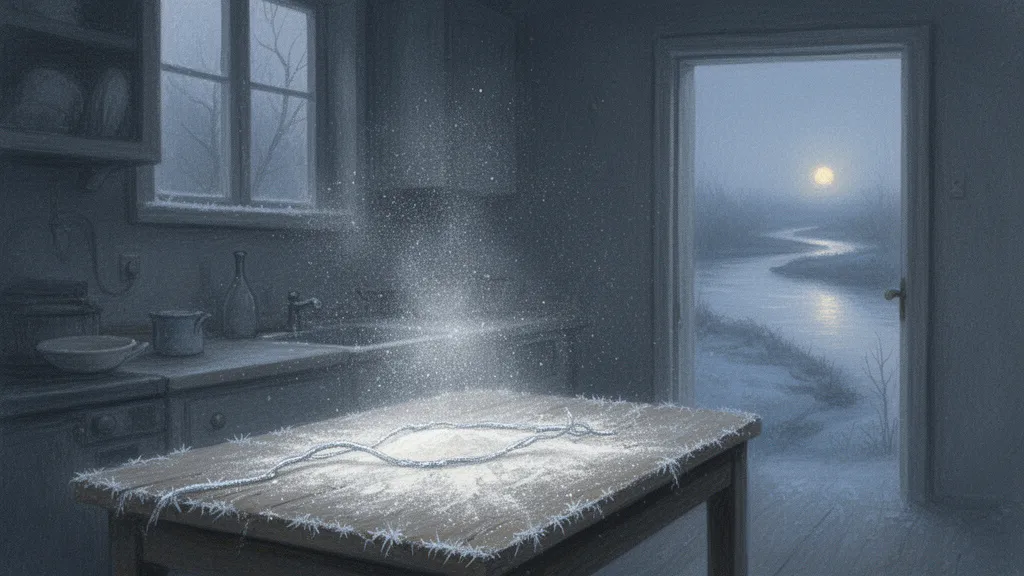 Eine dunkle Küche mit einem silbernen Frostfaden, der einen Holztisch überquert.