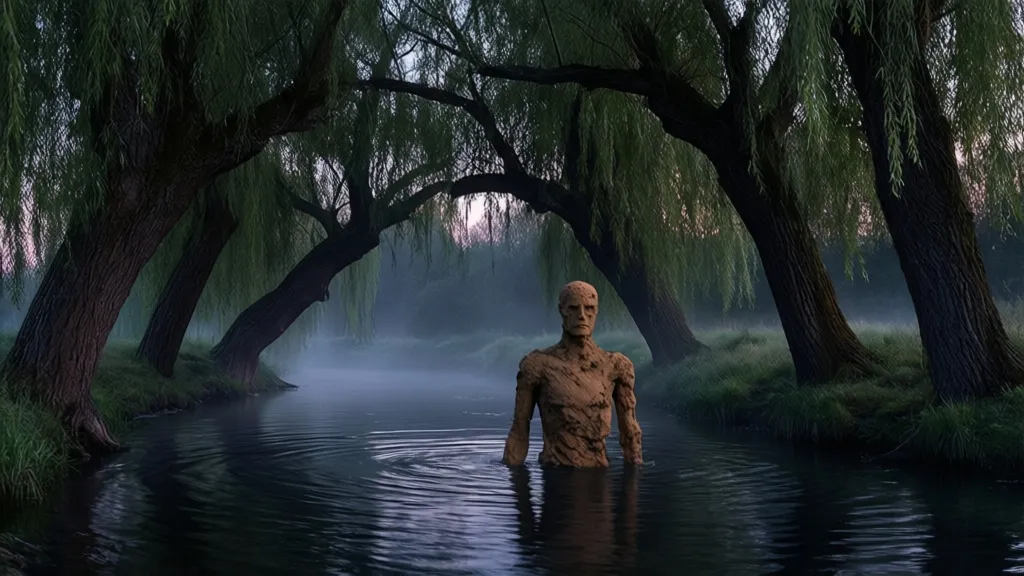 Ein aus Lehm geformter Golem, der neben einem Fluss unter Weidenbäumen auftaucht.