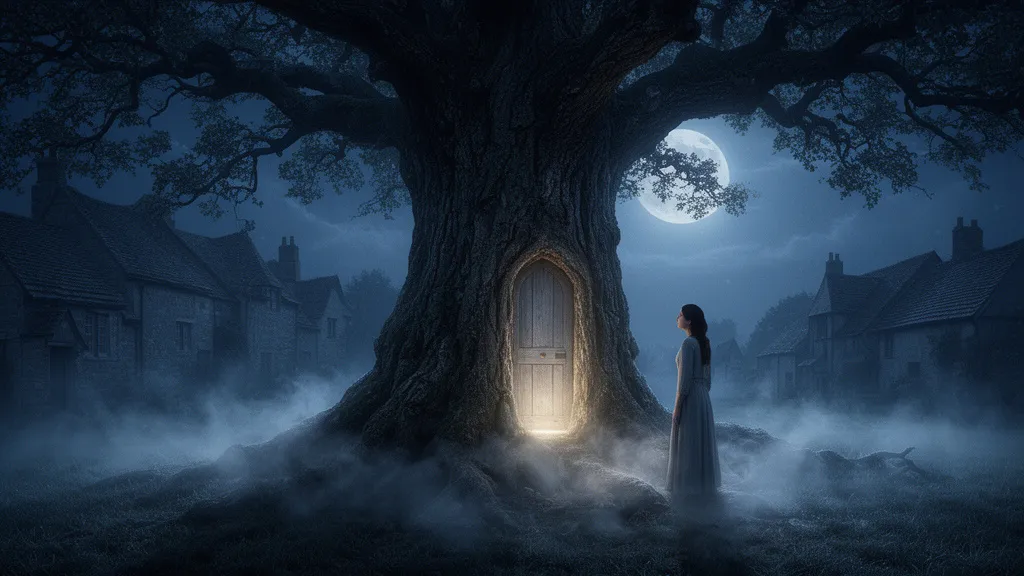 Eine Frau steht nachts neben einer uralten Eiche mit einer leuchtenden Tür in ihrem Stamm.