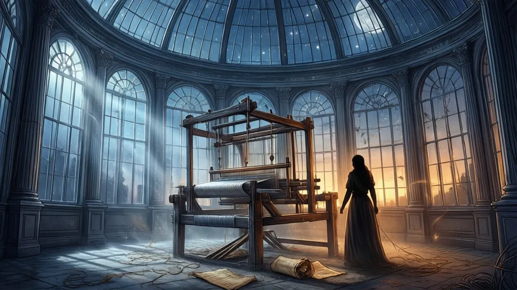 A lone weaver stands beside an ancient loom in a glass observatory filled with moonlight.