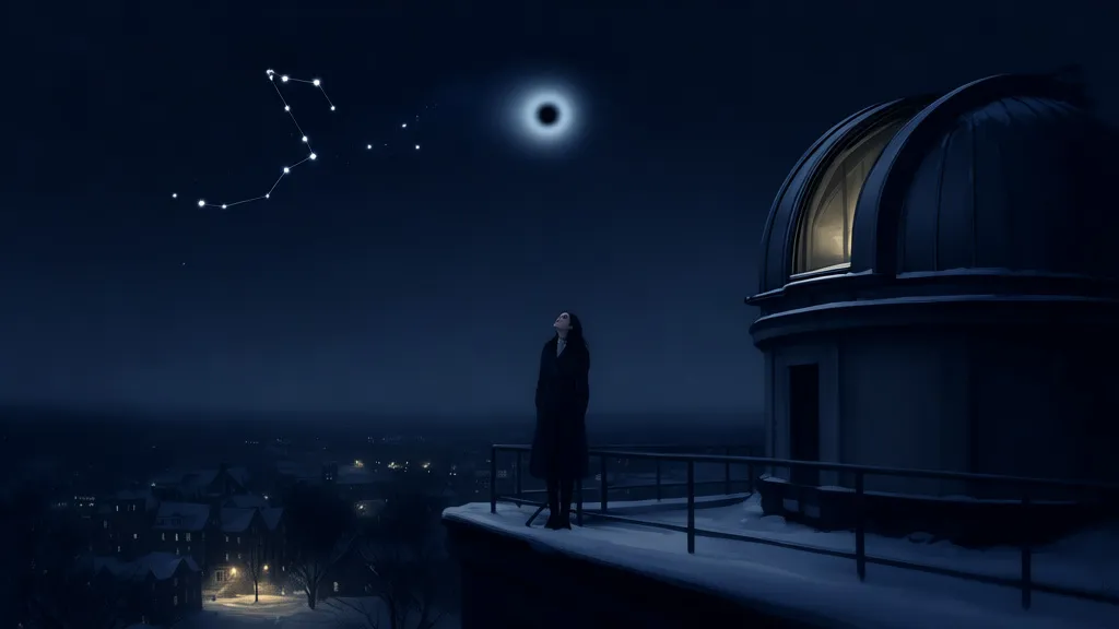 Eine Frau steht auf dem Dach einer Sternwarte und blickt in den Nachthimmel mit einem fehlenden Stern.
