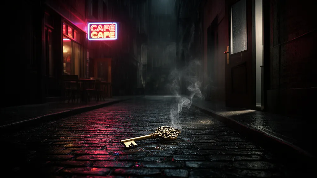 Eine regnerische Gasse vor einem neonbeleuchteten Café, mit einem Schlüssel auf dem Kopfsteinpflaster und einer offenen Tür.