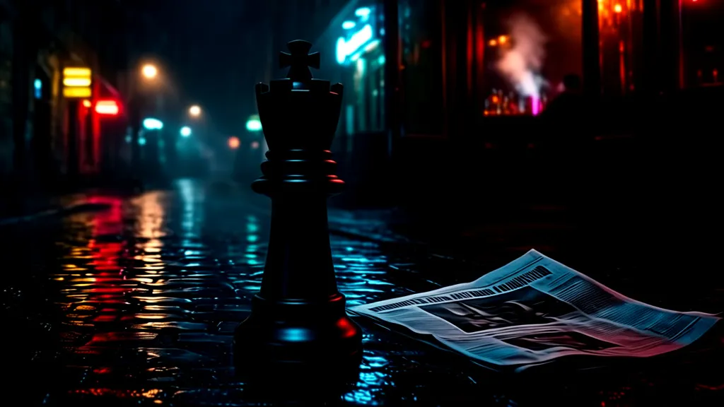 A rainy Sofia street with a chess piece beside a newspaper near a lit bar entrance.