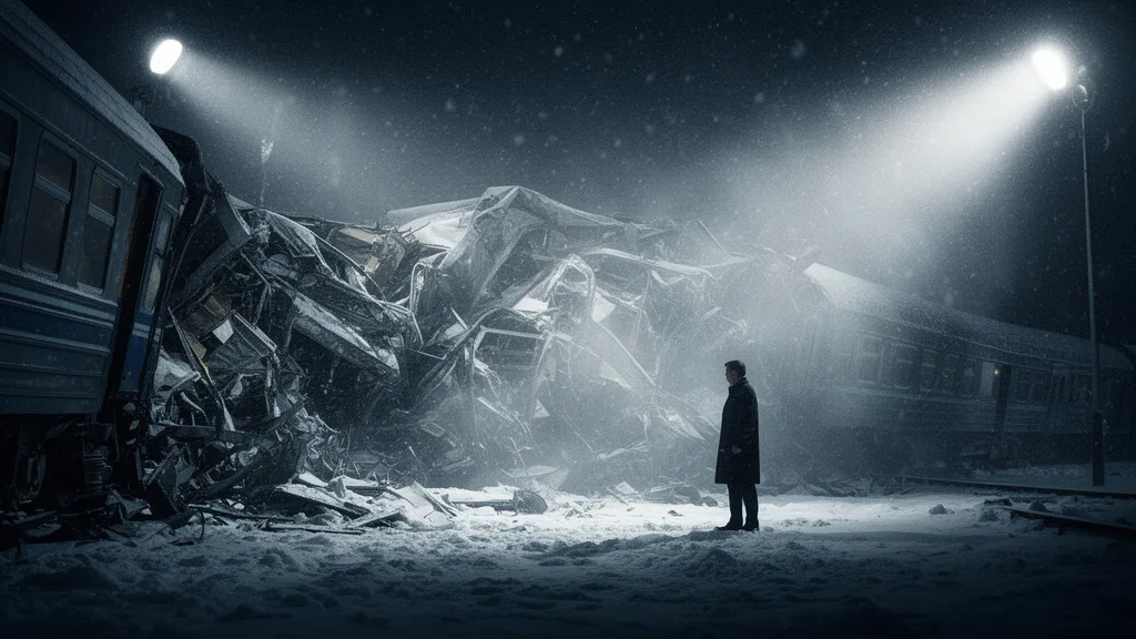 Ein verschneiter Zugwrack, von Flutlichtern beleuchtet, neben dem ein einzelner Ermittler steht.
