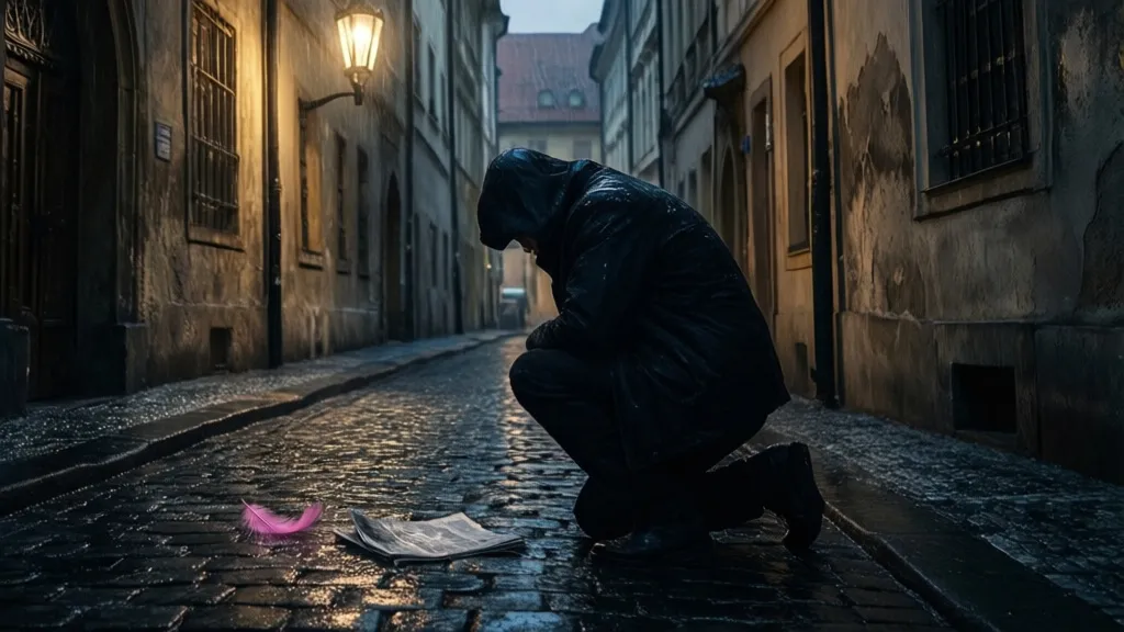 A person kneels in a dark Prague alley beside a wet newspaper and a pink feather.