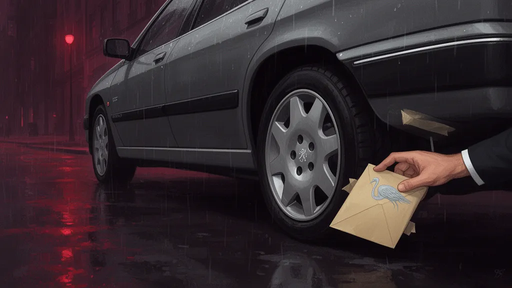 A person crouches beside a wet Peugeot at night and removes a manila envelope from under the wheel arch.