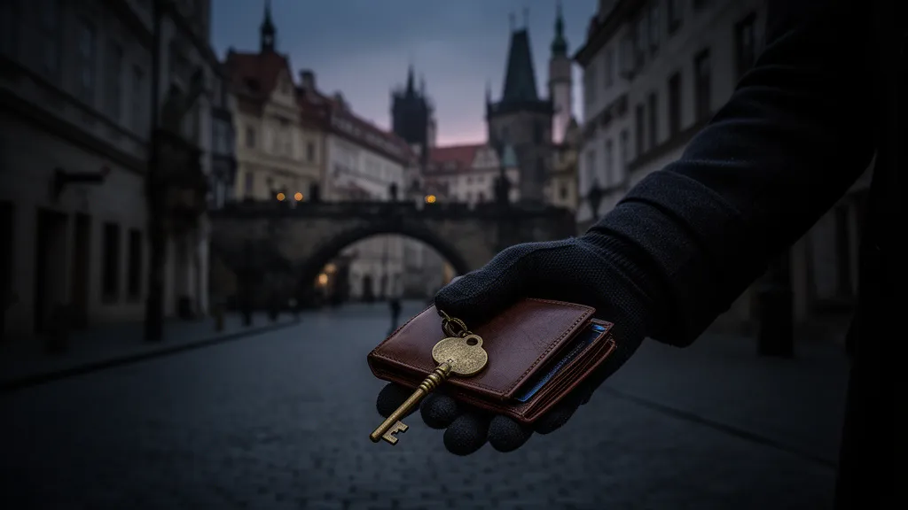A hand holding an old brass key and a leather wallet in a dark Prague street.