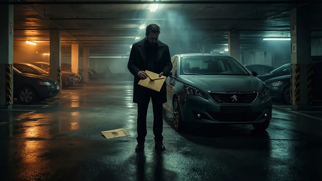 Ein Mann steht in einer dunklen Parkgarage und hält einen manilafarbenen Umschlag neben einem Peugeot.