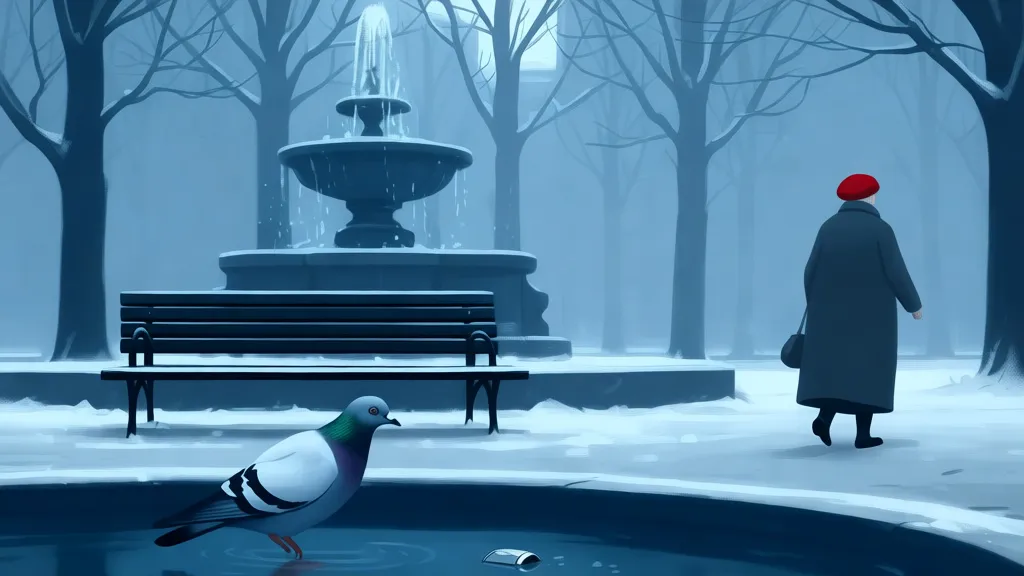 A winter park bench beside a fountain, with a woman in a scarlet beret walking away and a pigeon on the fountain edge.