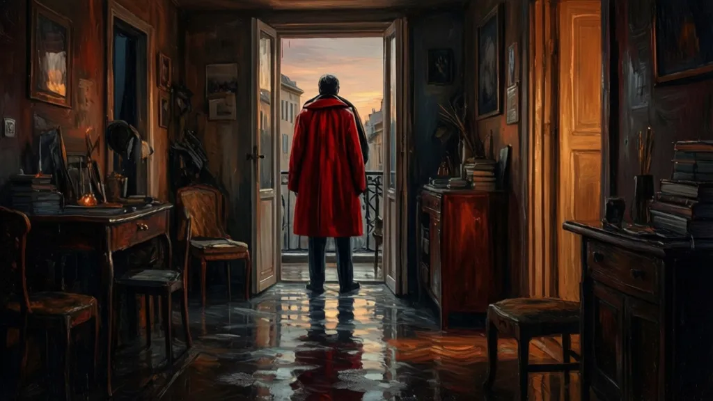 A man stands in the doorway of a dim apartment, with a red coat as the focal point.