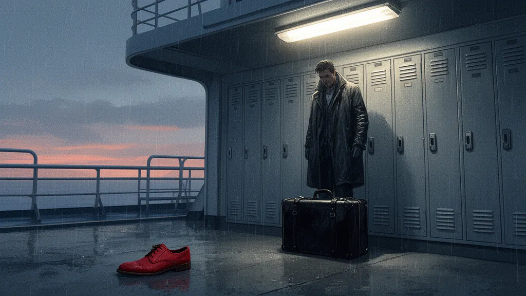 A lone figure stands in a rainy locker room beside a black case and a red shoe.