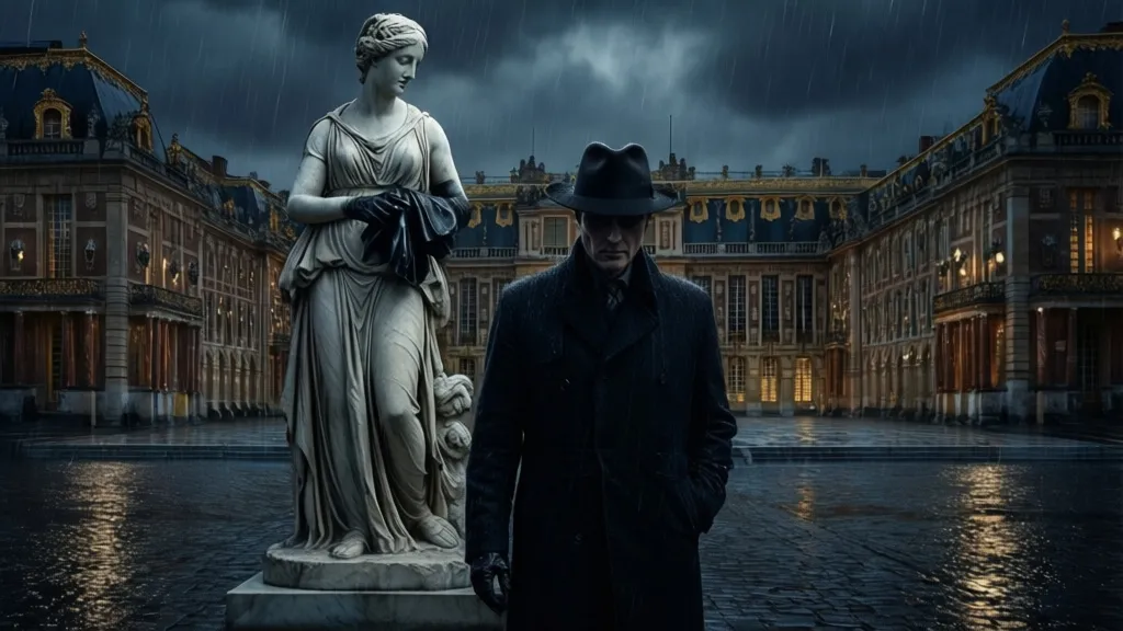 A person in a fedora stands in the rain beside a statue holding a black glove.