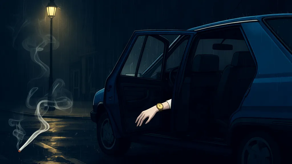 A blue car with an open back door, a body in the rear seat, and a gold watch glinting in streetlight.