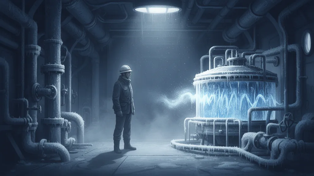 A lone engineer stands beside frosted pipes in a dim space station.