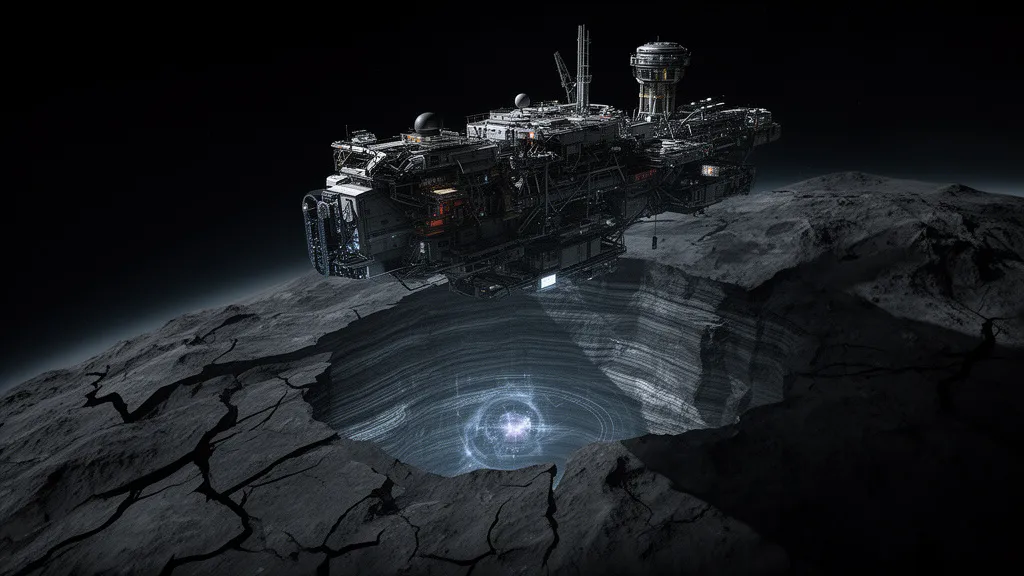Ein Bergbauschiff umkreist einen dunklen Asteroiden, während ein Scan seltsame, geschichtete Strukturen unter der Oberfläche offenbart.