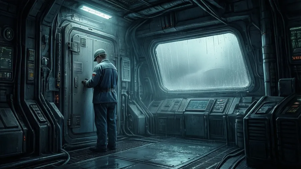 Ein einzelner Arbeiter steht in einem schwach beleuchteten Raumstationskorridor neben einem versiegelten Abteil und einem beschlagenen Fenster.